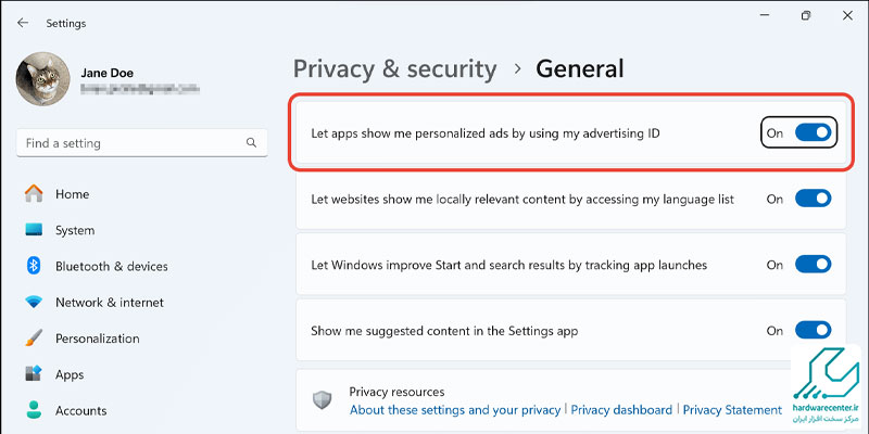حذف تبلیغات ویندوز 11از بخش Privacy & Security